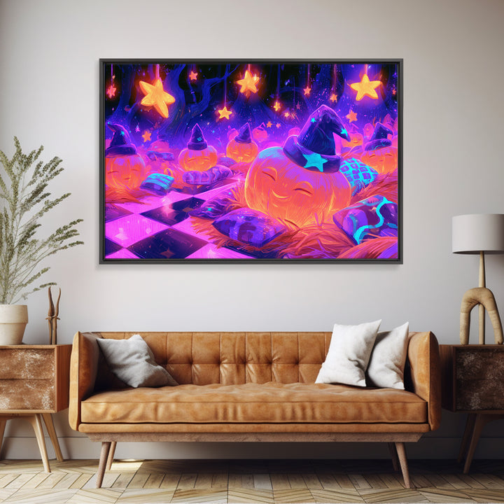 The Pumpkin Pajama Party, 80s Halloween Wall Art, Landscape Wall Art, Framed Canvas Print, Retro Halloween Decor, Neon Wall Art