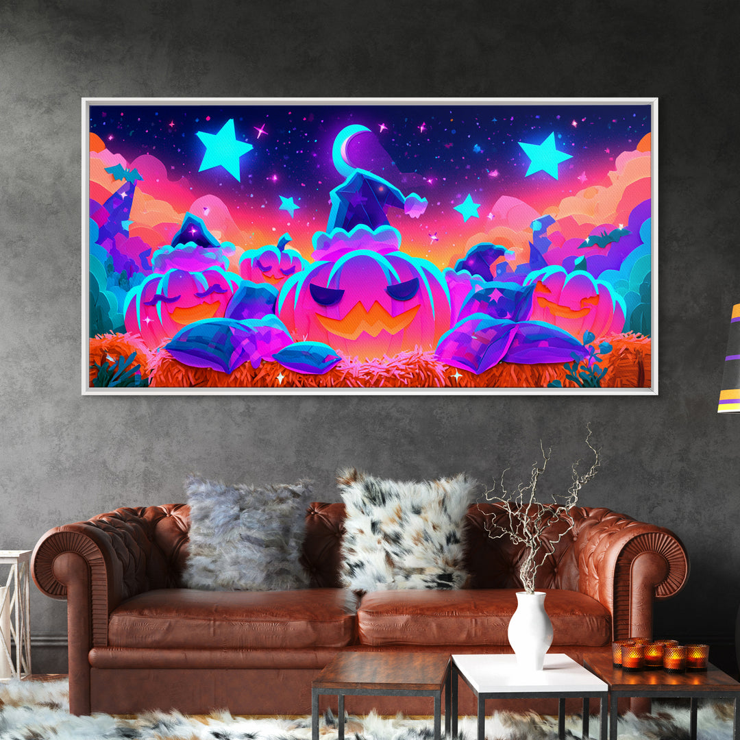 The Pumpkin Pajama Party, Synthwave Halloween Art, Wide Panoramic Art, Framed Canvas Print, Retro Halloween Decor, Neon Wall Art