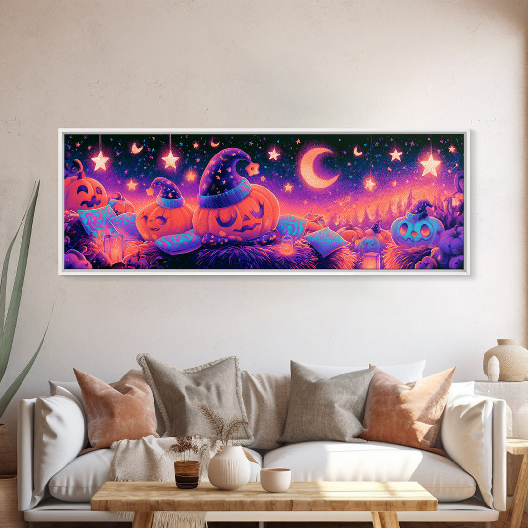 The Pumpkin Pajama Party, Synthwave Halloween Art, Extra Wide Wall Art, Framed Canvas Print, Retro Halloween Decor, Neon Wall Art
