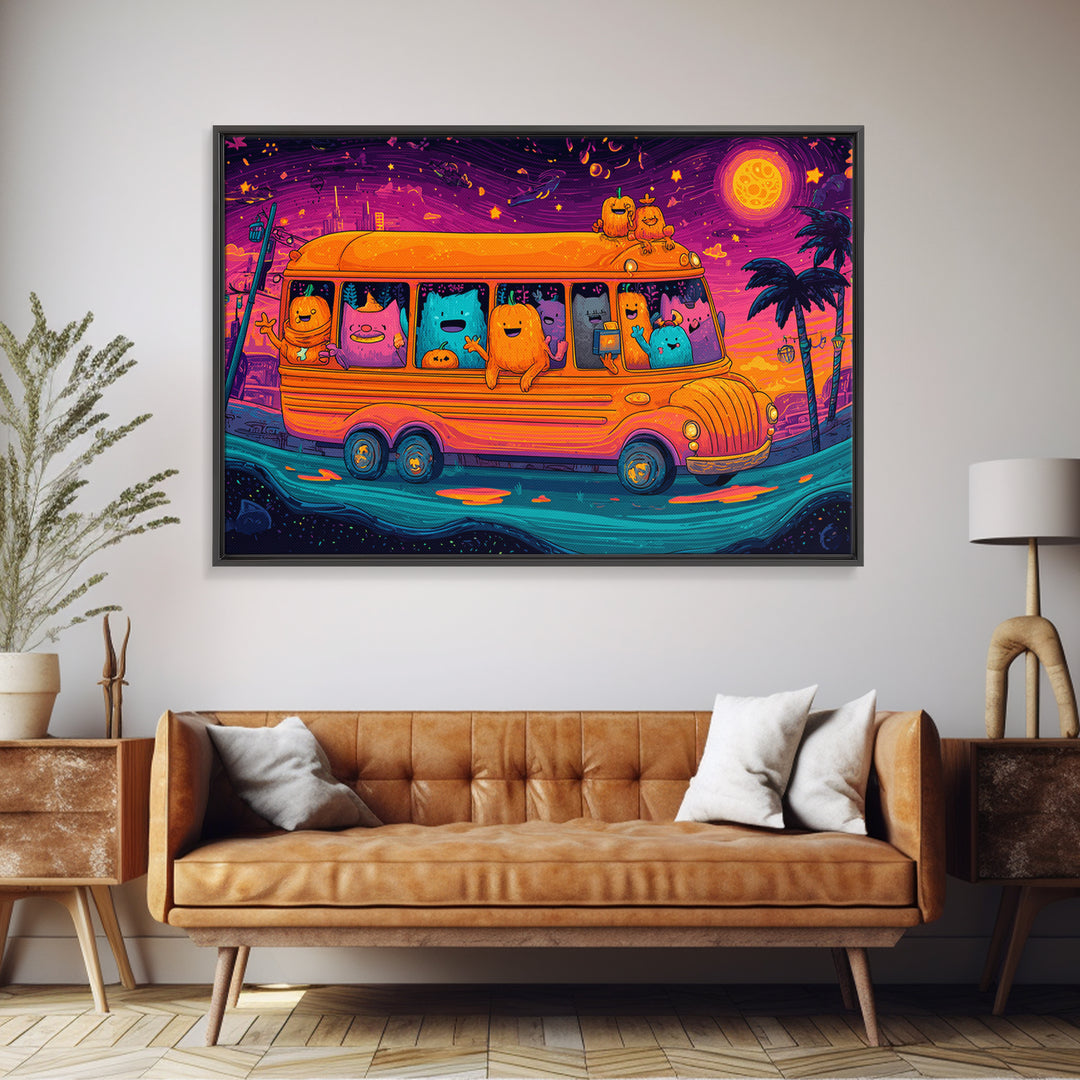 The Pumpkin School Bus, 80s Halloween Wall Art, Landscape Wall Art, Framed Canvas Print, Retro Halloween Decor, Neon Wall Art