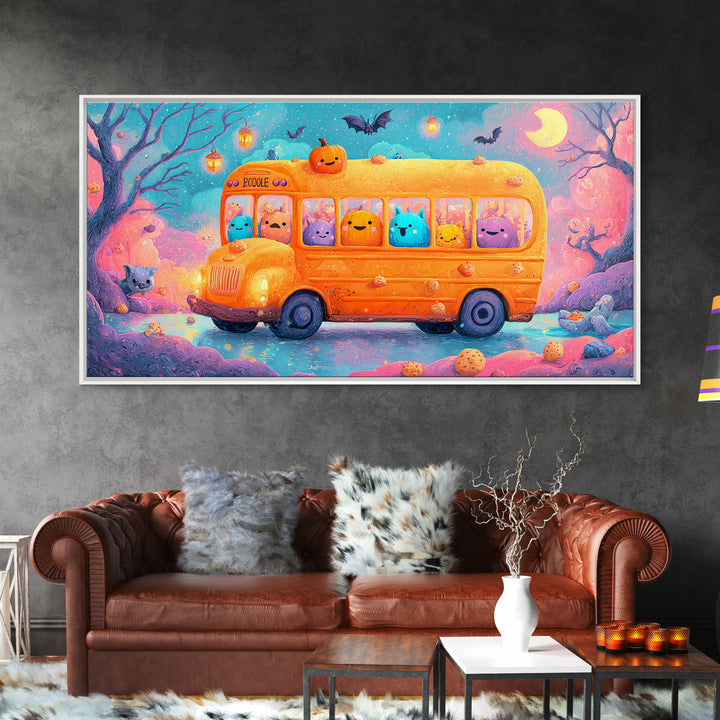 The Pumpkin School Bus, 80s Halloween Wall Art, Wide Panoramic Art, Canvas Print, Retro Halloween Decor, Neon Wall Art, Statement Wall Art