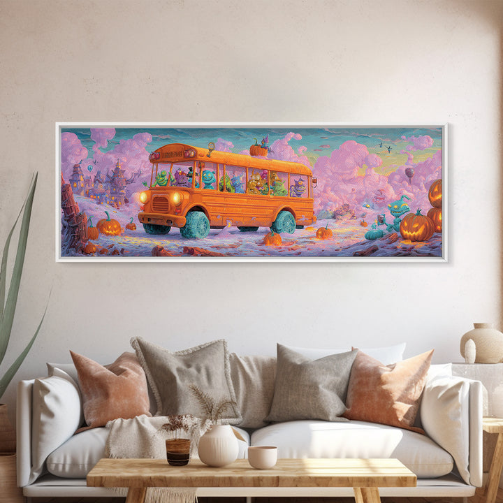 The Pumpkin School Bus, 80s Halloween Wall Art, Extra Wide Wall Art, Framed Canvas Print, Retro Halloween Decor, Neon Wall Art