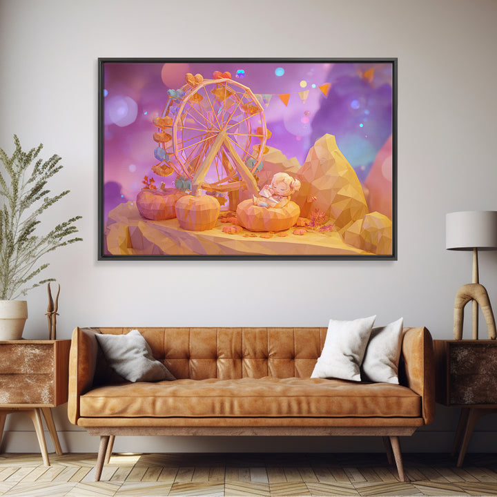 The Pumpkin Ferris Wheel, 80s Halloween Wall Art, Landscape Wall Art, Canvas Print, Retro Halloween Decor, Neon Wall Art, Dark Fantasy Art
