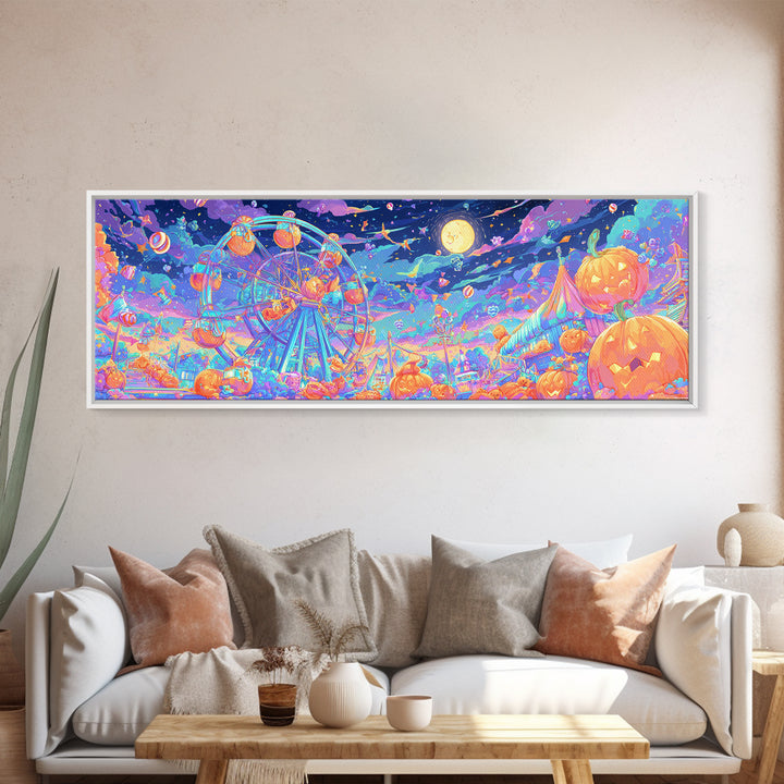 The Pumpkin Ferris Wheel, Retro Neon Halloween Art, Extra Wide Wall Art, Framed Canvas Print, Retro Halloween Decor, Neon Wall Art