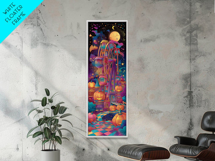The Pumpkin Ferris Wheel, Retro Neon Halloween Art, Tall Narrow Wall Art, Framed Canvas Print, Retro Halloween Decor, Neon Wall Art