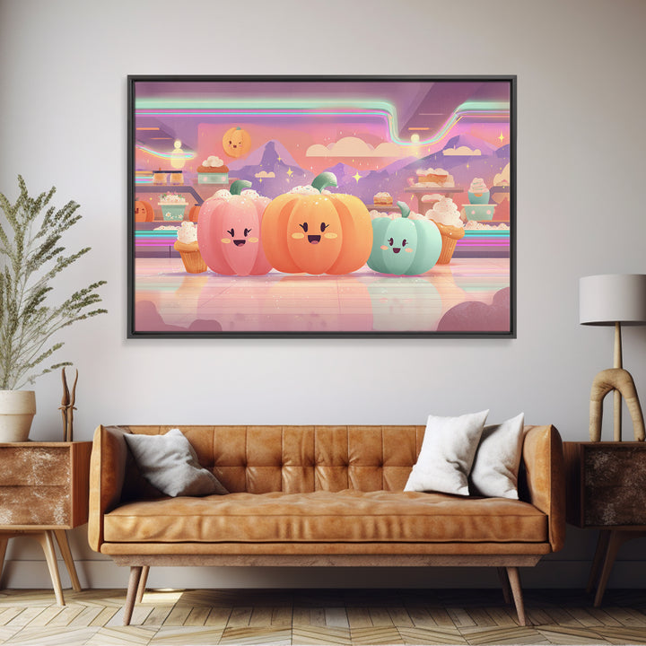 The Pumpkin Bakery, Vaporwave Halloween Decor, Landscape Wall Art, Framed Canvas Print, Retro Halloween Decor, Neon Wall Art
