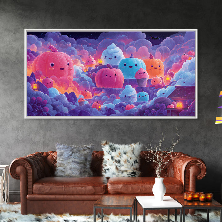 The Pumpkin Bakery, 80s Halloween Wall Art, Wide Panoramic Art, Canvas Print, Retro Halloween Decor, Neon Wall Art, Collectible Wall Decor