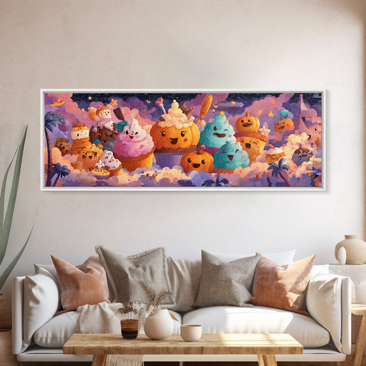 The Pumpkin Bakery, Cute Spooky Neon Art, Extra Wide Wall Art, Framed Canvas Print, Retro Halloween Decor, Neon Wall Art, Macabre Wall Art
