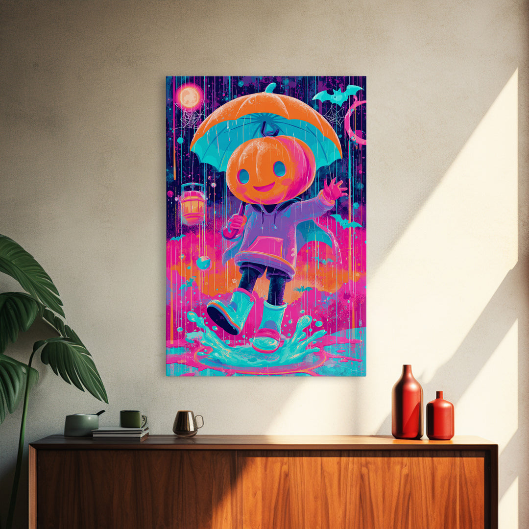 The Pumpkin Umbrella, Cute Spooky Neon Art, Vertical Wall Art, Canvas Print, Retro Halloween Decor, Neon Wall Art, Spooky Wall Decor