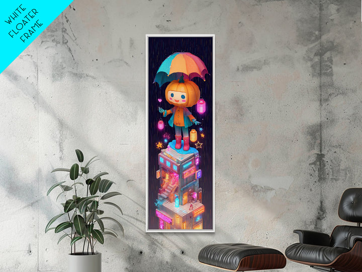 The Pumpkin Umbrella, Vaporwave Halloween Decor, Tall Narrow Wall Art, Framed Canvas Print, Retro Halloween Decor, Neon Wall Art