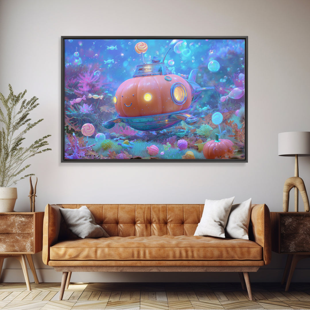 The Pumpkin Submarine, Synthwave Halloween Art, Landscape Wall Art, Canvas Print, Retro Halloween Decor, Neon Wall Art