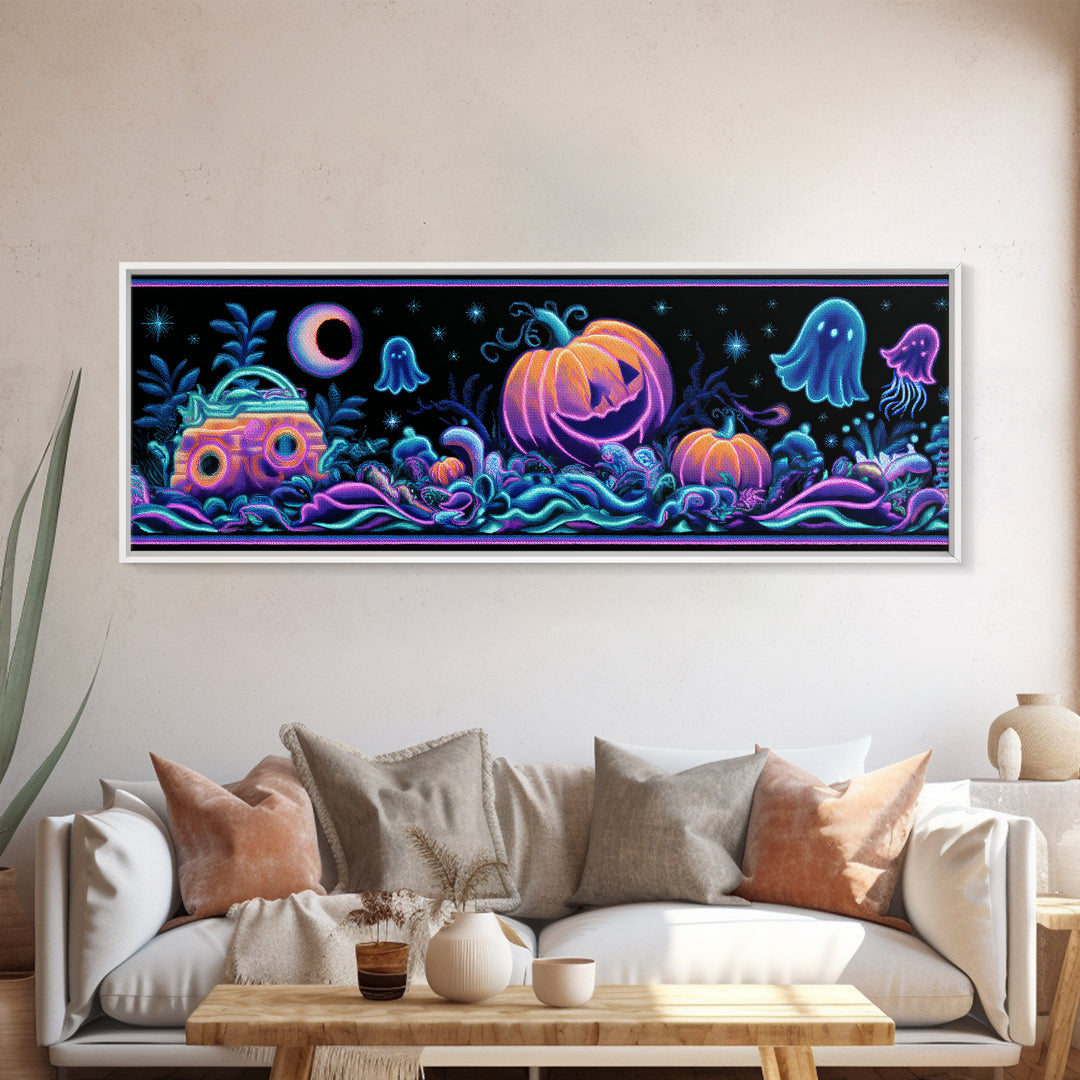 The Pumpkin Submarine, Cute Spooky Neon Art, Extra Wide Wall Art, Canvas Print, Retro Halloween Decor, Neon Wall Art, Collectible Wall Decor