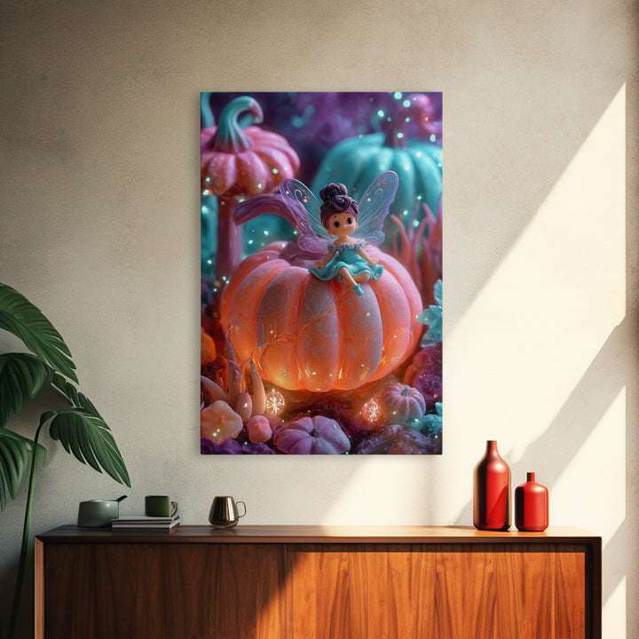The Pumpkin Fairy Garden, 80s Halloween Wall Art, Vertical Wall Art, Canvas Print, Retro Halloween Decor, Neon Wall Art