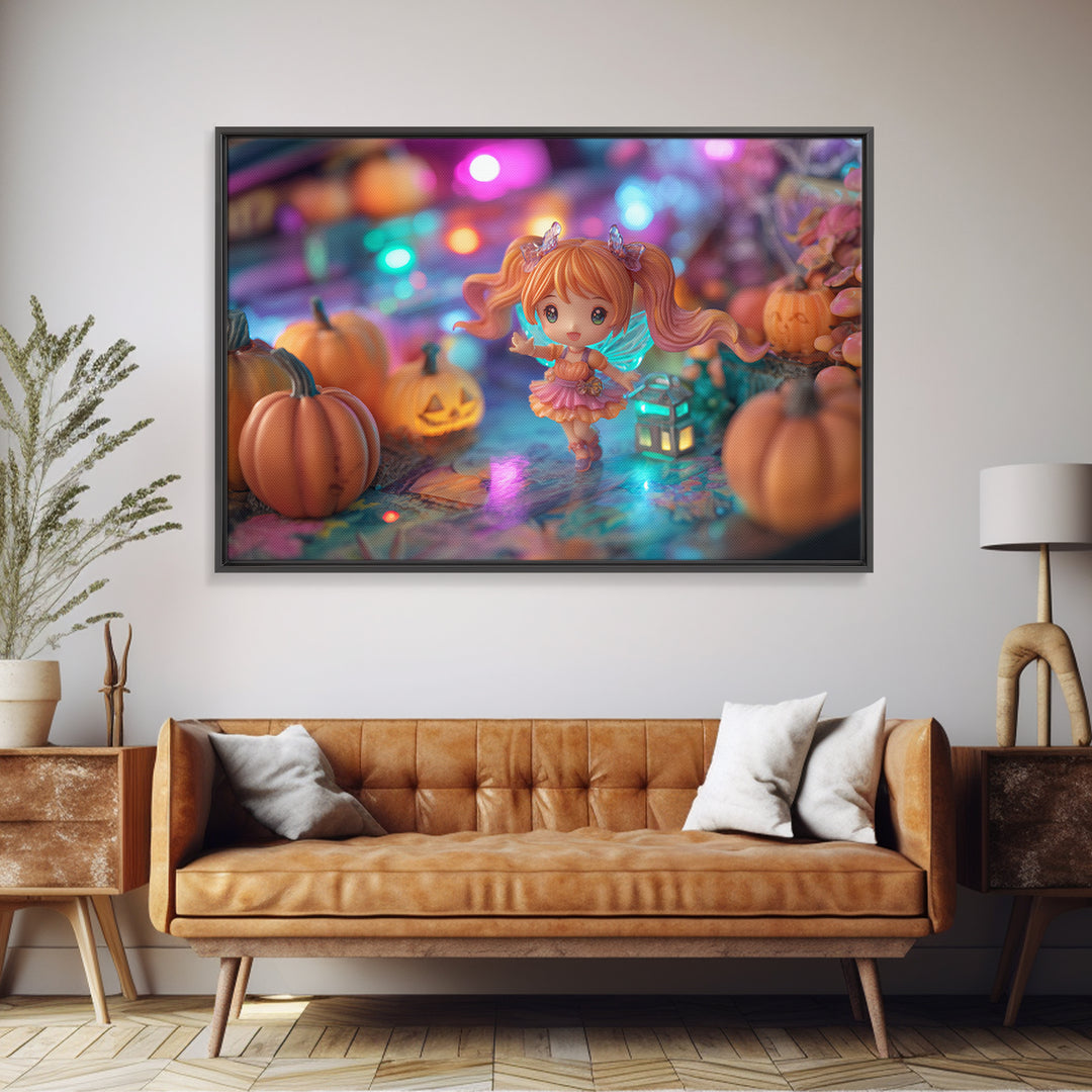 The Pumpkin Fairy Garden, Retro Neon Halloween Art, Landscape Wall Art, Canvas Print, Retro Halloween Decor, Neon Wall Art
