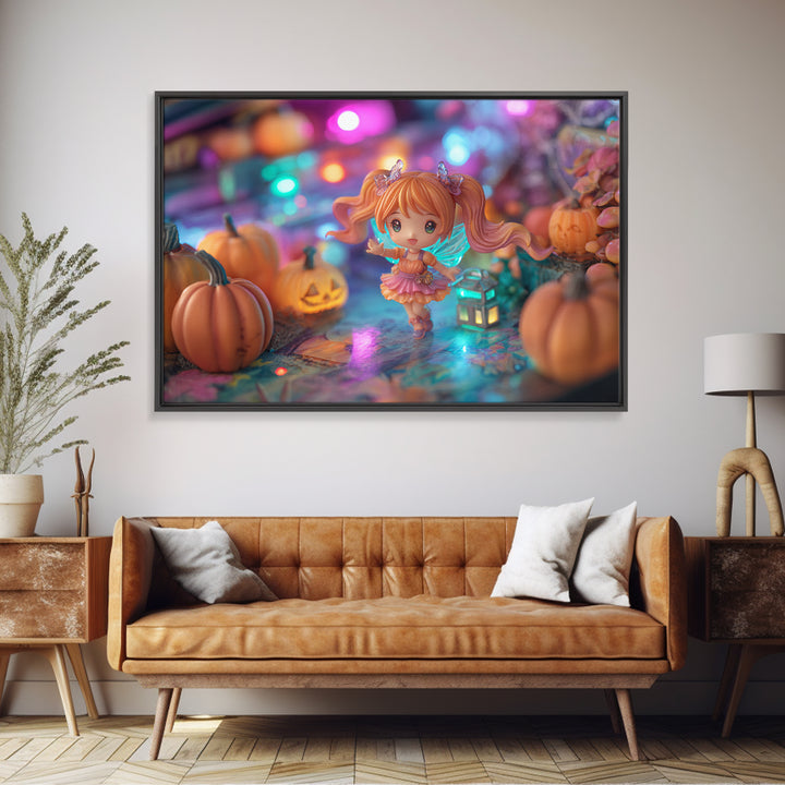 The Pumpkin Fairy Garden, Retro Neon Halloween Art, Landscape Wall Art, Canvas Print, Retro Halloween Decor, Neon Wall Art