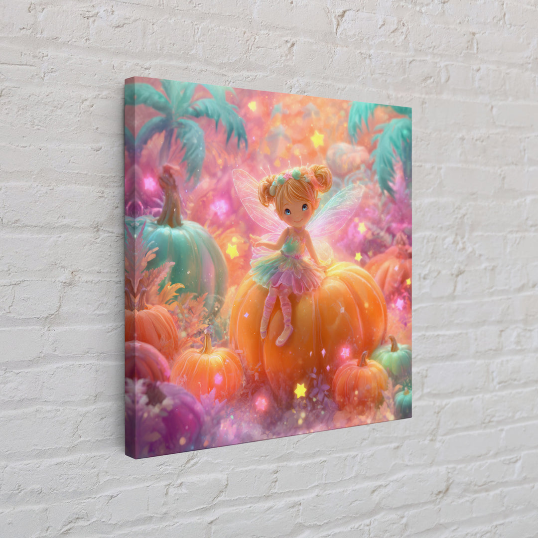 The Pumpkin Fairy Garden, Cute Spooky Neon Art, Square Wall Art, Framed Canvas Print, Retro Halloween Decor, Neon Wall Art