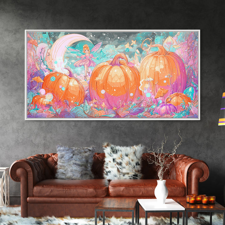 The Pumpkin Fairy Garden, Vaporwave Halloween Decor, Wide Panoramic Art, Canvas Print, Retro Halloween Decor, Neon Wall Art