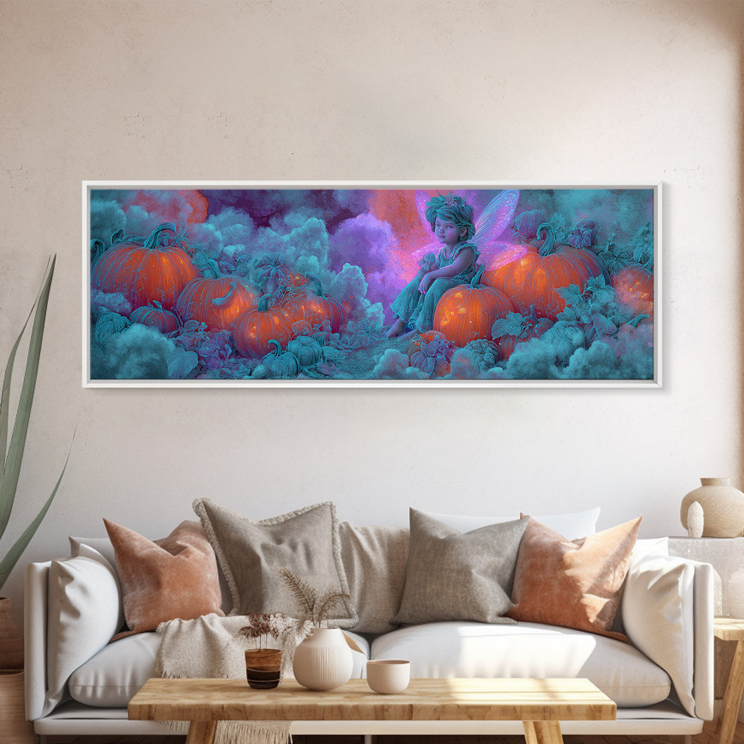 The Pumpkin Fairy Garden, Synthwave Halloween Art, Extra Wide Wall Art, Canvas Print, Retro Halloween Decor, Neon Wall Art, Horror Wall Art