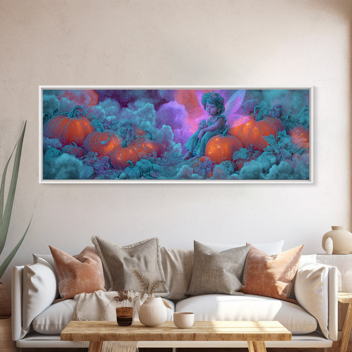 The Pumpkin Fairy Garden, Synthwave Halloween Art, Extra Wide Wall Art, Canvas Print, Retro Halloween Decor, Neon Wall Art, Horror Wall Art