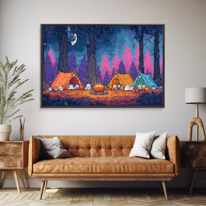 The Pumpkin Campout, Synthwave Halloween Art, Landscape Wall Art, Framed Canvas Print, Retro Halloween Decor, Neon Wall Art