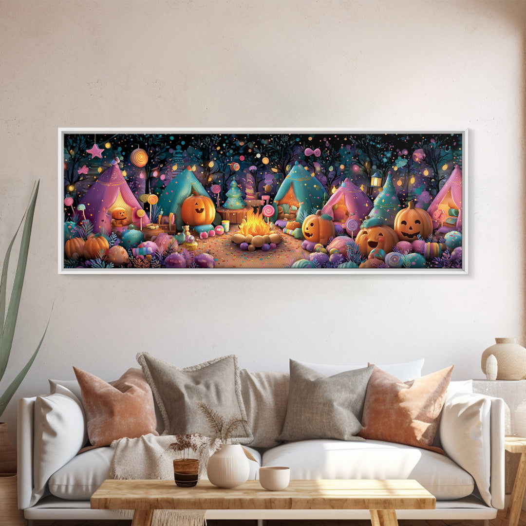 The Pumpkin Campout, Vaporwave Halloween Decor, Extra Wide Wall Art, Canvas Print, Retro Halloween Decor, Neon Wall Art, Statement Wall Art