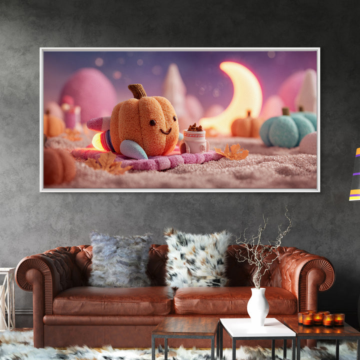 The Pumpkin Rocket Ship, Synthwave Halloween Art, Wide Panoramic Art, Framed Canvas Print, Retro Halloween Decor, Neon Wall Art