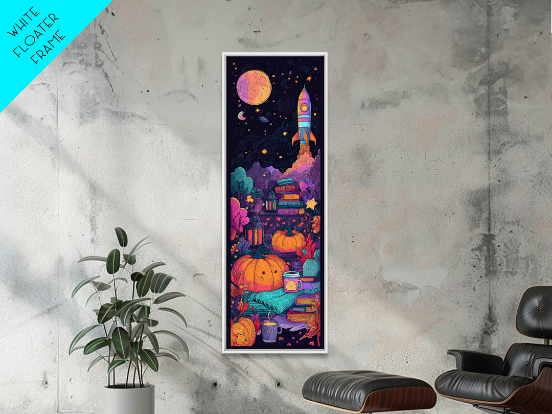 The Pumpkin Rocket Ship, 80s Halloween Wall Art, Tall Narrow Wall Art, Framed Canvas Print, Retro Halloween Decor, Neon Wall Art