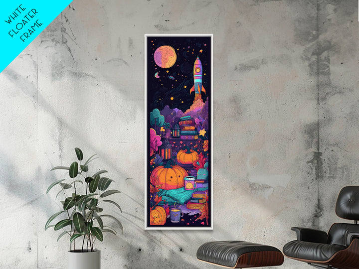The Pumpkin Rocket Ship, 80s Halloween Wall Art, Tall Narrow Wall Art, Framed Canvas Print, Retro Halloween Decor, Neon Wall Art