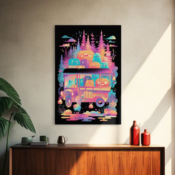 The Pumpkin Bookmobile, Synthwave Halloween Art, Vertical Wall Art, Framed Canvas Print, Retro Halloween Decor, Neon Wall Art