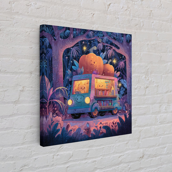 The Pumpkin Bookmobile, Synthwave Halloween Art, Square Wall Art, Framed Canvas Print, Retro Halloween Decor, Neon Wall Art