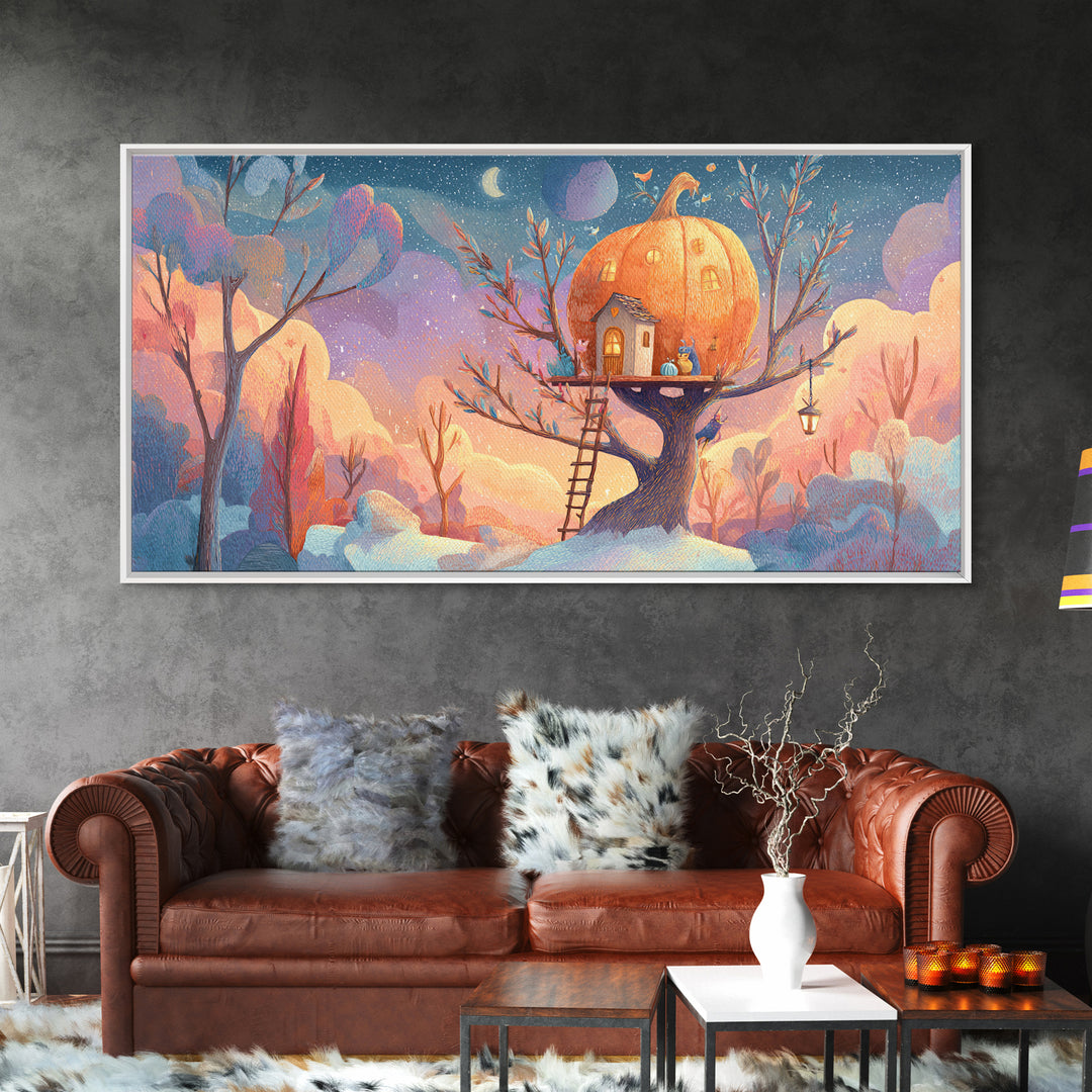 The Pumpkin Treehouse, Cute Spooky Neon Art, Wide Panoramic Art, Framed Canvas Print, Retro Halloween Decor, Neon Wall Art