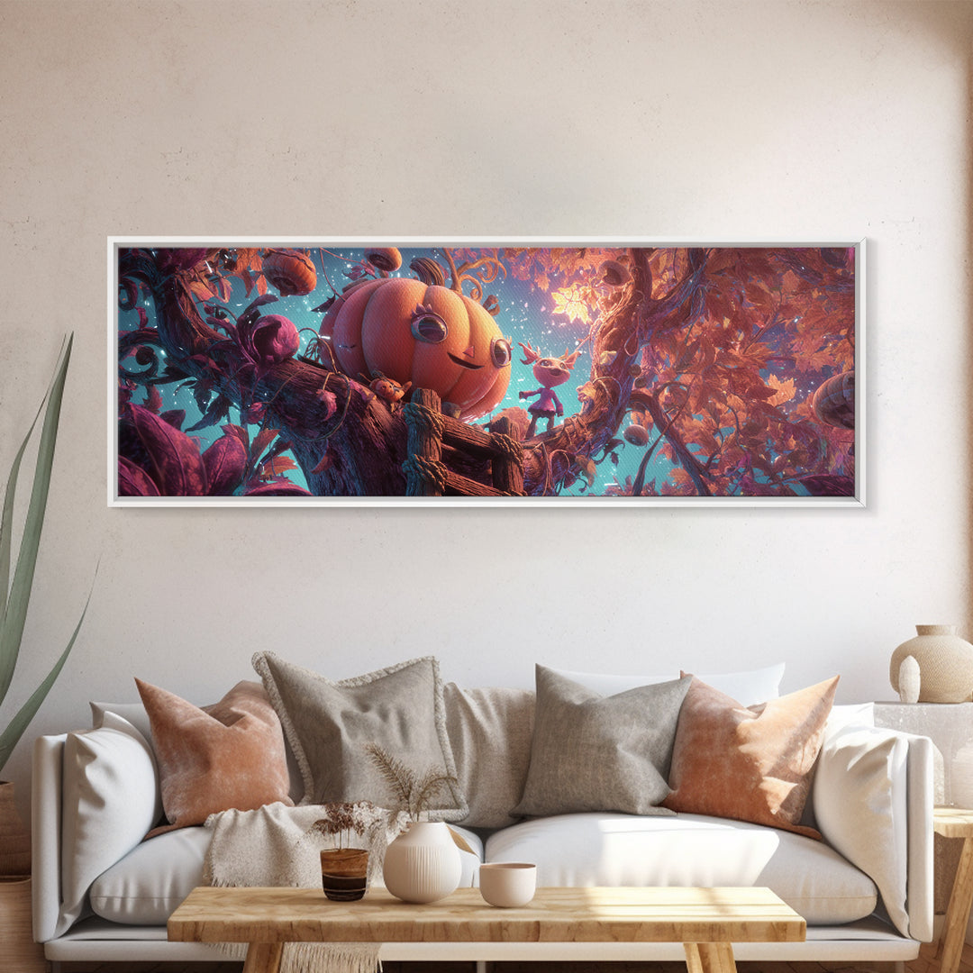 The Pumpkin Treehouse, Vaporwave Halloween Decor, Extra Wide Wall Art, Canvas Print, Retro Halloween Decor, Neon Wall Art