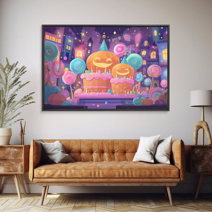 The Great Pumpkin Birthday Party, Cute Spooky Neon Art, Landscape Wall Art, Canvas Print, Retro Halloween Decor, Neon Wall Art