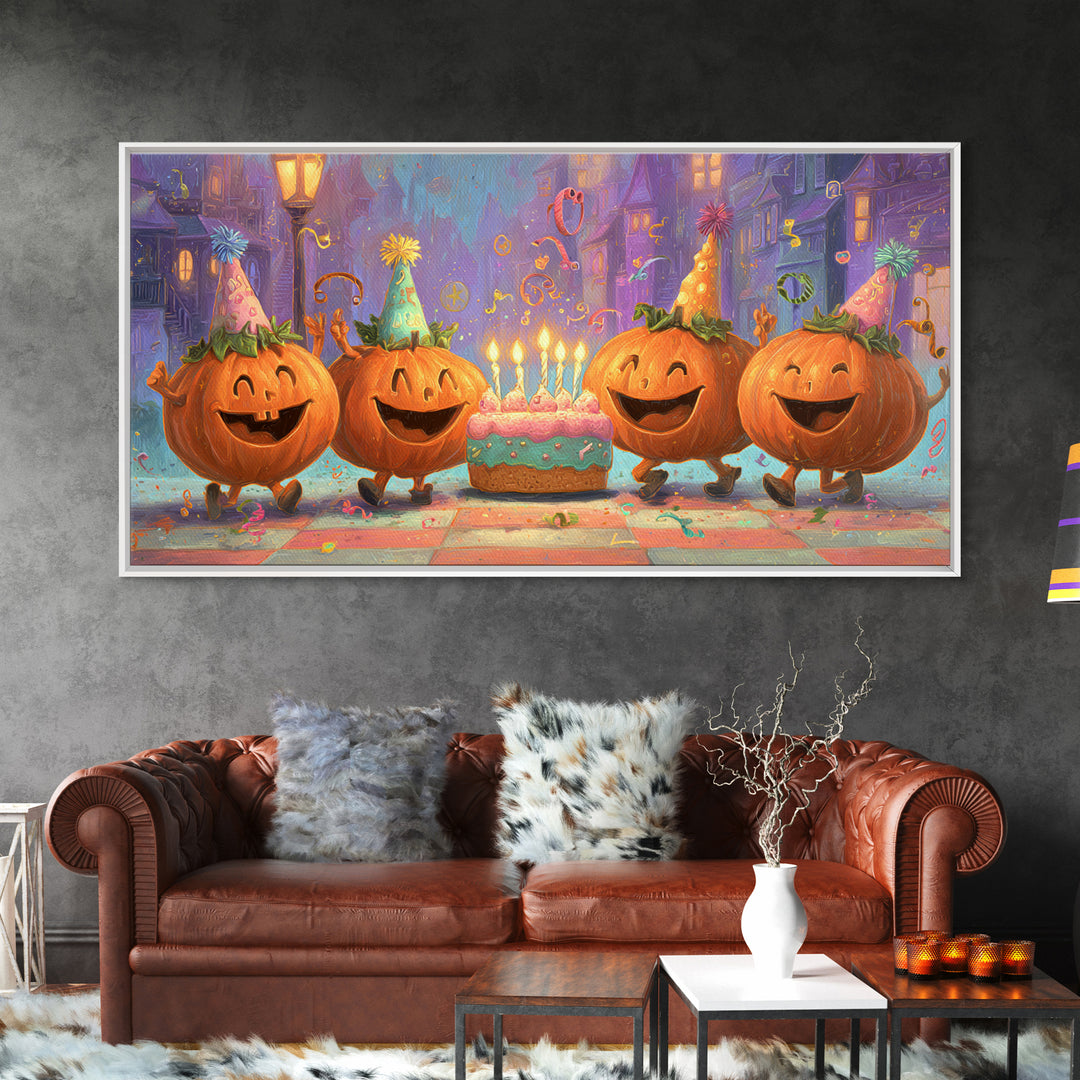 The Great Pumpkin Birthday Party, 80s Halloween Wall Art, Wide Panoramic Art, Framed Canvas Print, Retro Halloween Decor, Neon Wall Art