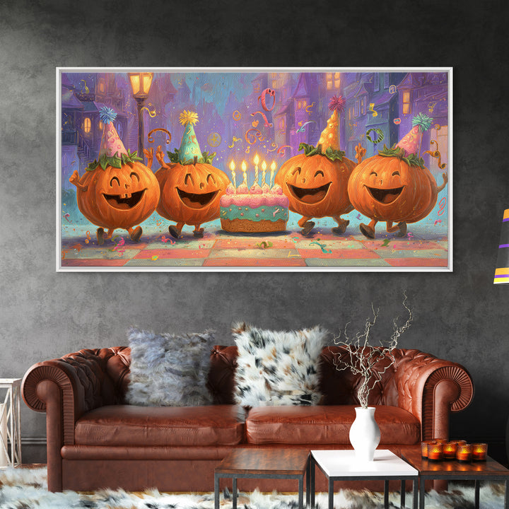 The Great Pumpkin Birthday Party, 80s Halloween Wall Art, Wide Panoramic Art, Framed Canvas Print, Retro Halloween Decor, Neon Wall Art