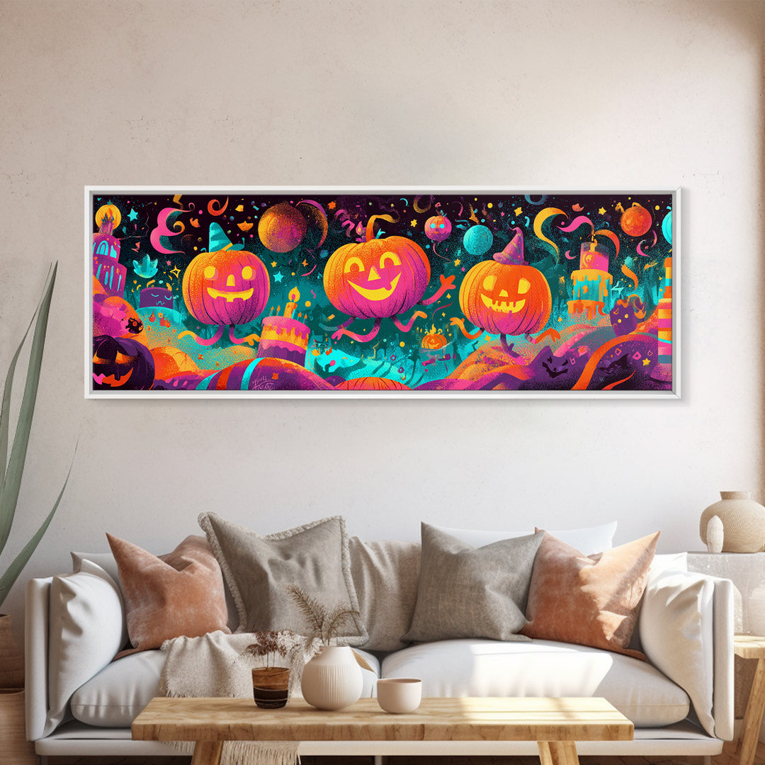 The Great Pumpkin Birthday Party, 80s Halloween Wall Art, Extra Wide Wall Art, Canvas Print, Retro Halloween Decor, Neon Wall Art