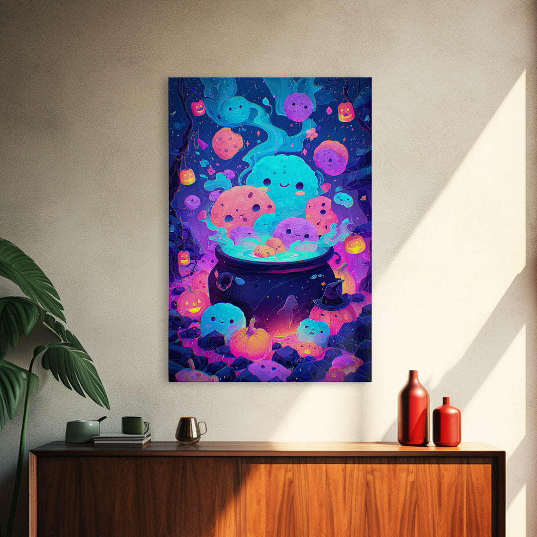 The Cookie Cauldron, Synthwave Halloween Art, Vertical Wall Art, Framed Canvas Print, Retro Halloween Decor, Neon Wall Art, Horror Wall Art