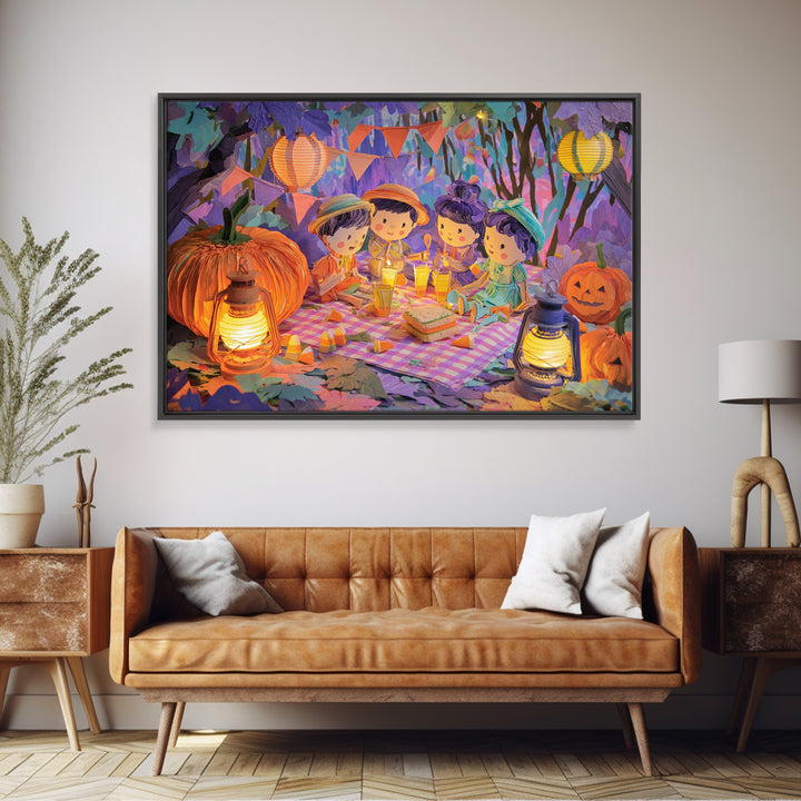 The Candy Corn Picnic, Cute Spooky Neon Art, Landscape Wall Art, Canvas Print, Retro Halloween Decor, Neon Wall Art, Collectible Wall Decor