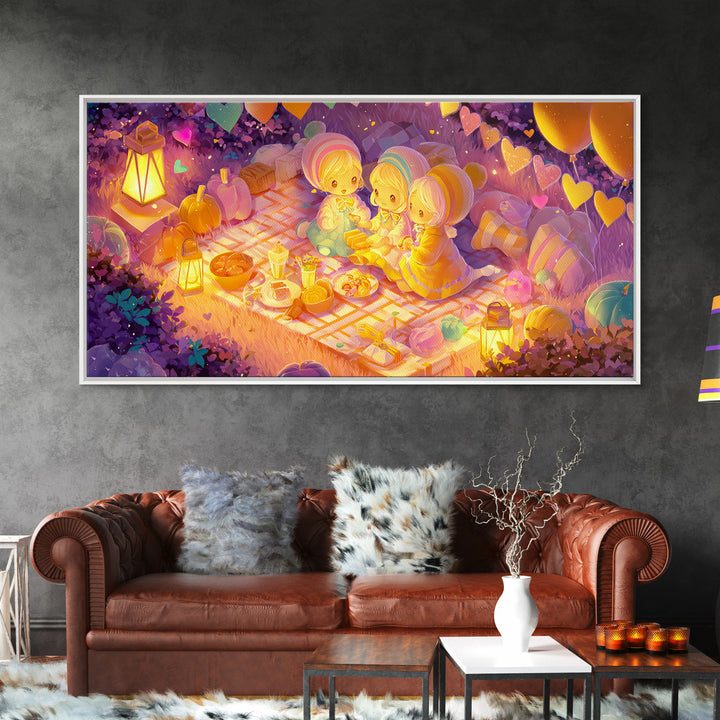 The Candy Corn Picnic, Synthwave Halloween Art, Wide Panoramic Art, Framed Canvas Print, Retro Halloween Decor, Neon Wall Art