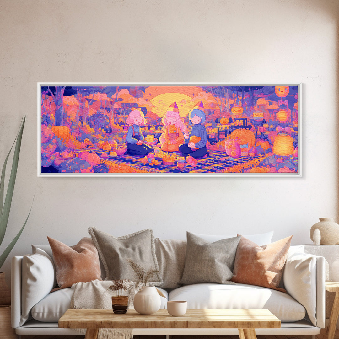 The Candy Corn Picnic, Cute Spooky Neon Art, Extra Wide Wall Art, Canvas Print, Retro Halloween Decor, Neon Wall Art, Gothic Home Decor