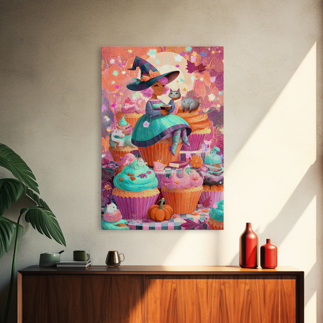 The Cupcake Costume Contest, Cute Spooky Neon Art, Vertical Wall Art, Canvas Print, Retro Halloween Decor, Neon Wall Art, Halloween Wall Art