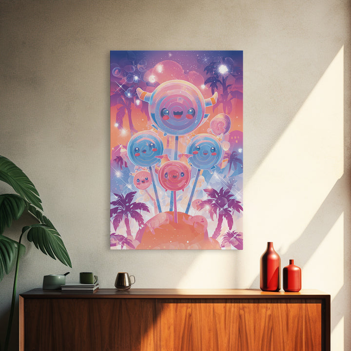 The Friendly Lollipop Monsters, Synthwave Halloween Art, Vertical Wall Art, Canvas Print, Retro Halloween Decor, Neon Wall Art