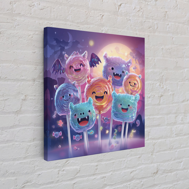 The Friendly Lollipop Monsters, Retro Neon Halloween Art, Square Wall Art, Framed Canvas Print, Retro Halloween Decor, Neon Wall Art