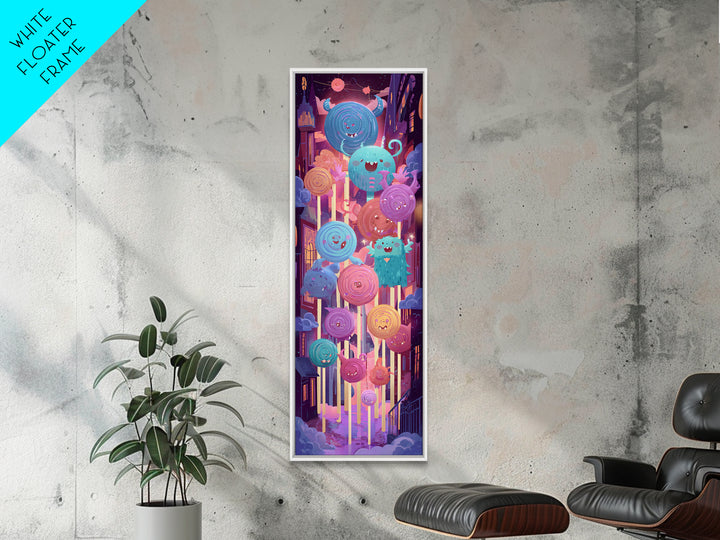 The Friendly Lollipop Monsters, Cute Spooky Neon Art, Tall Narrow Wall Art, Framed Canvas Print, Retro Halloween Decor, Neon Wall Art