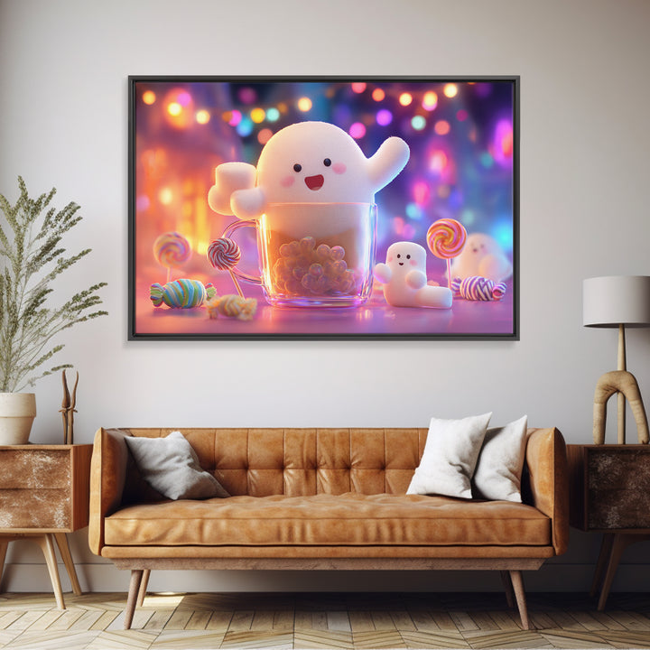 The Marshmallow Ghost Choir, Synthwave Halloween Art, Landscape Wall Art, Canvas Print, Retro Halloween Decor, Neon Wall Art