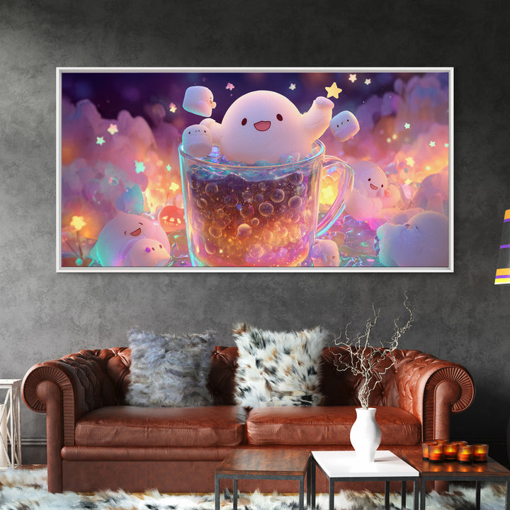 The Marshmallow Ghost Choir, 80s Halloween Wall Art, Wide Panoramic Art, Framed Canvas Print, Retro Halloween Decor, Neon Wall Art