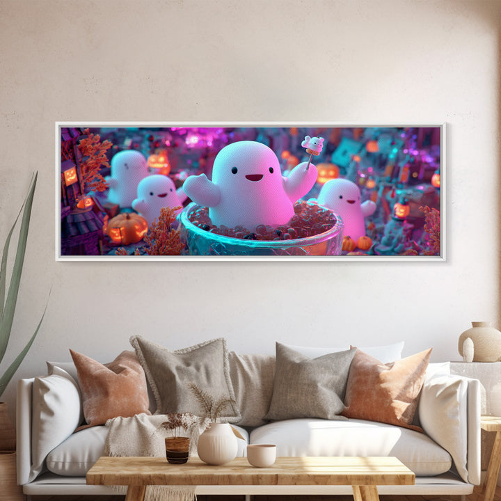 The Marshmallow Ghost Choir, Synthwave Halloween Art, Extra Wide Wall Art, Framed Canvas Print, Retro Halloween Decor, Neon Wall Art