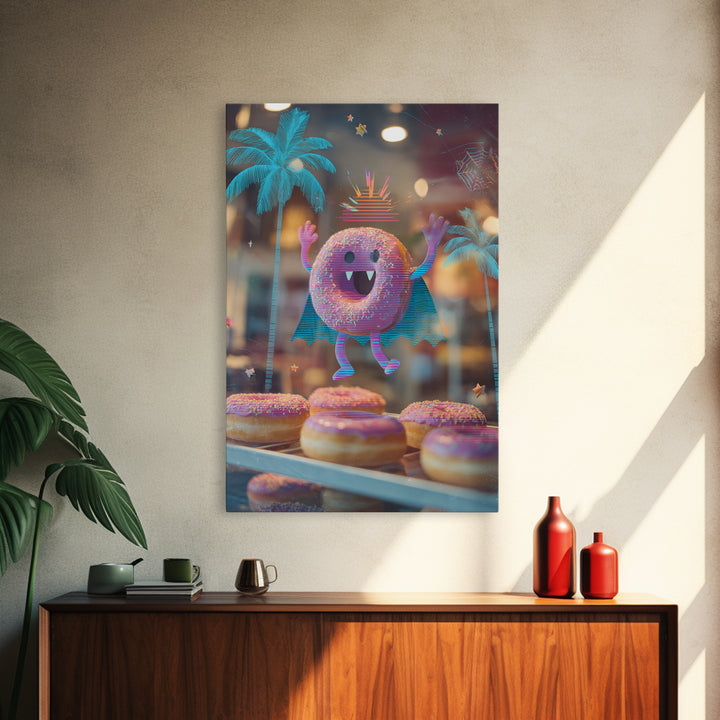 The Donut Vampire Family, Vaporwave Halloween Decor, Vertical Wall Art, Canvas Print, Retro Halloween Decor, Neon Wall Art, Macabre Wall Art
