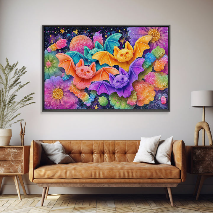 The Gummy Bat Garden, 80s Halloween Wall Art, Landscape Wall Art, Framed Canvas Print, Retro Halloween Decor, Neon Wall Art