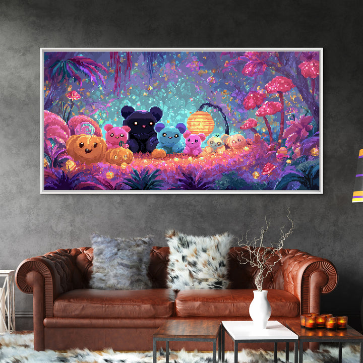 The Gummy Bat Garden, 80s Halloween Wall Art, Wide Panoramic Art, Framed Canvas Print, Retro Halloween Decor, Neon Wall Art